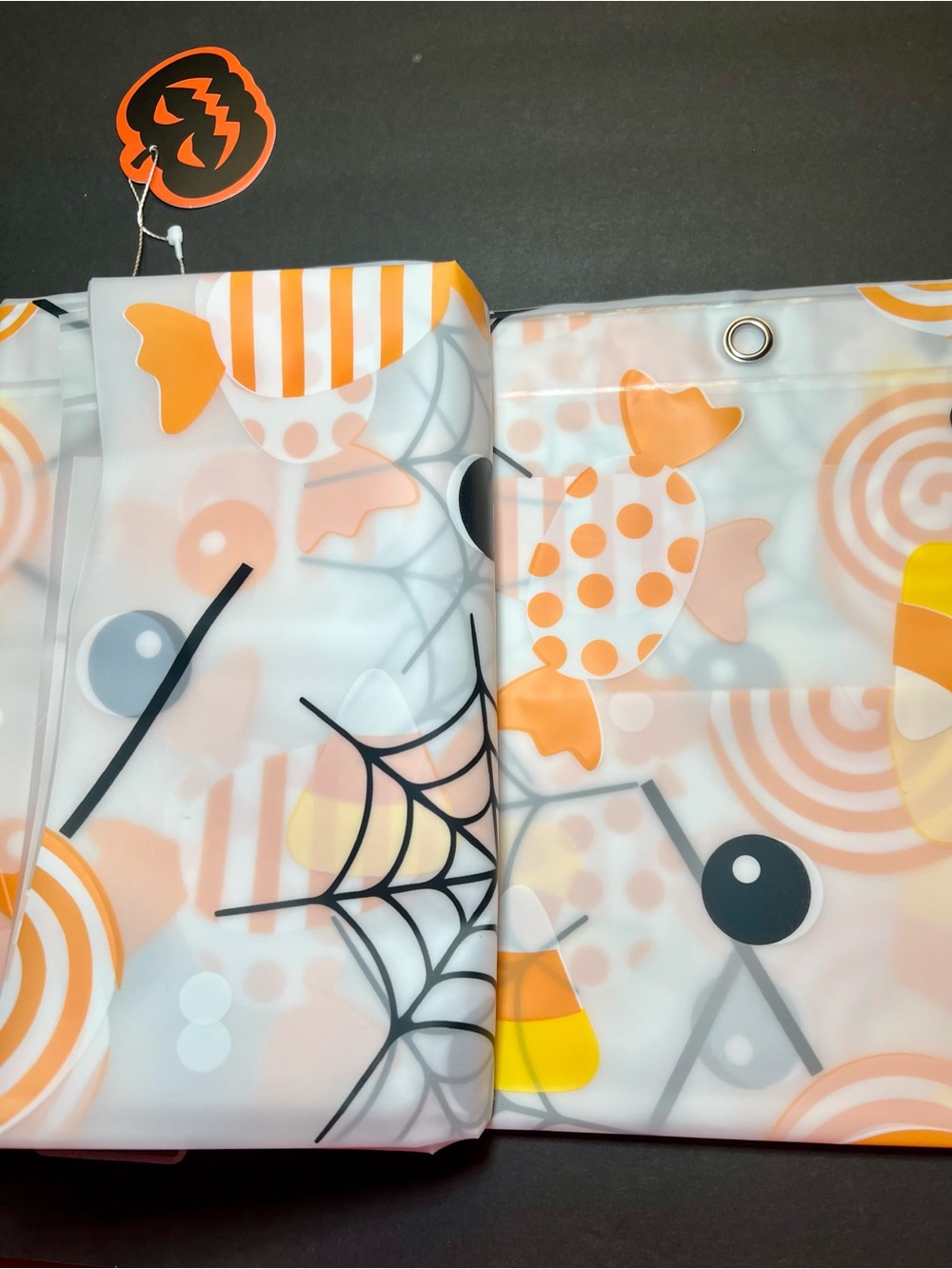 Halloween Peva Shower Curtain Orange Polka Dots Candy Corn Spiderwebs Grommets